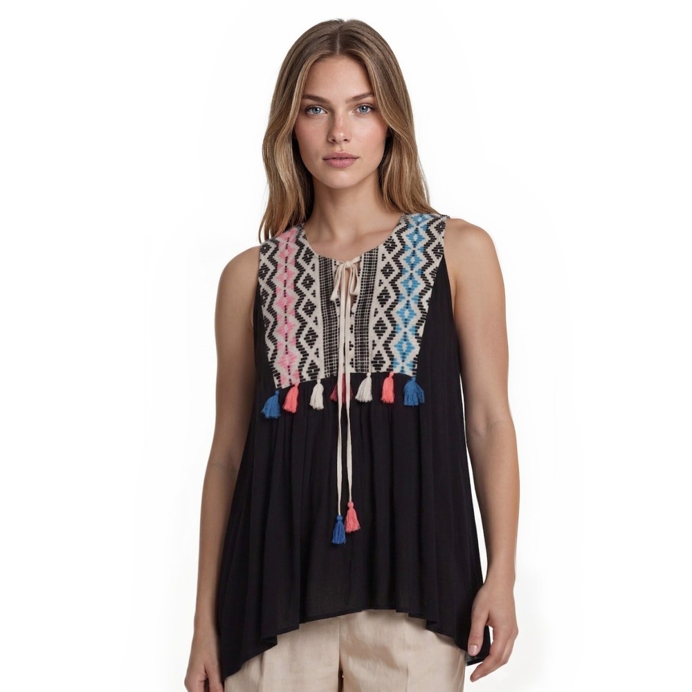 Judith March Tunic Top Blouse Women's Size Small Black Multi Embroidered Boho